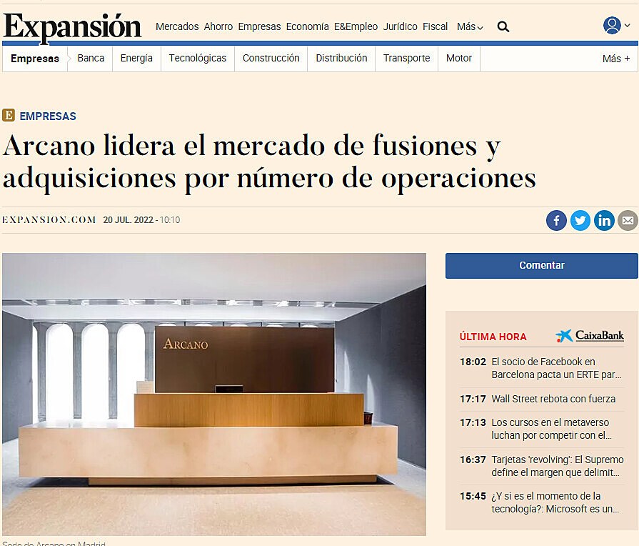 Arcano lidera el mercado de fusiones y adquisiciones por nmero de operaciones